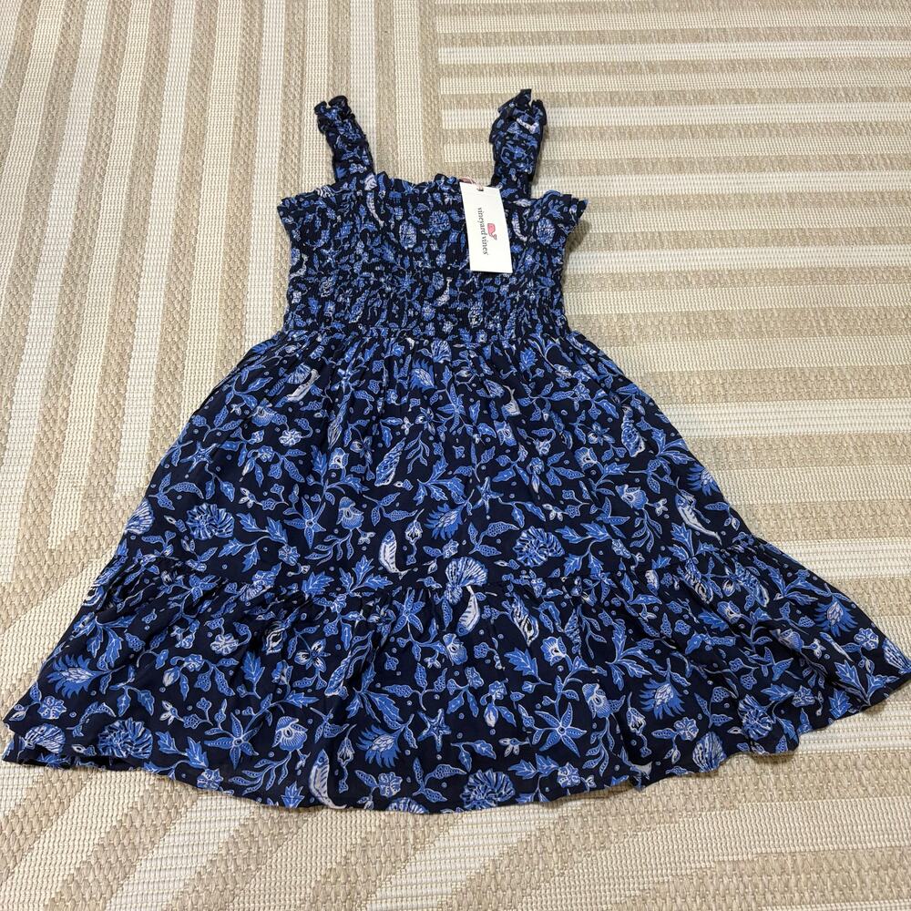 Vineyard Vines NWT Girls Size 6 Sqaure Smocked Dress Navy Boho Ocean Print